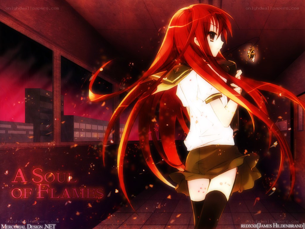 Red-haired anime girl in flames