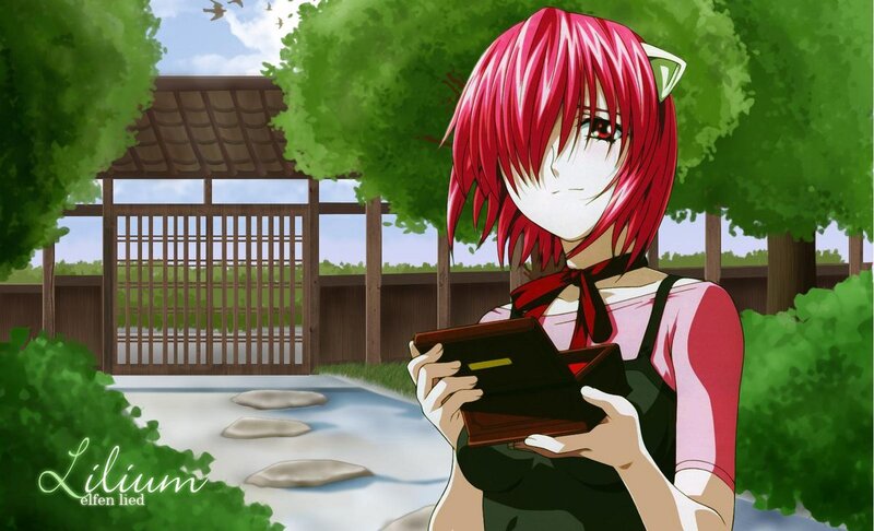 red-haired anime girl in garden