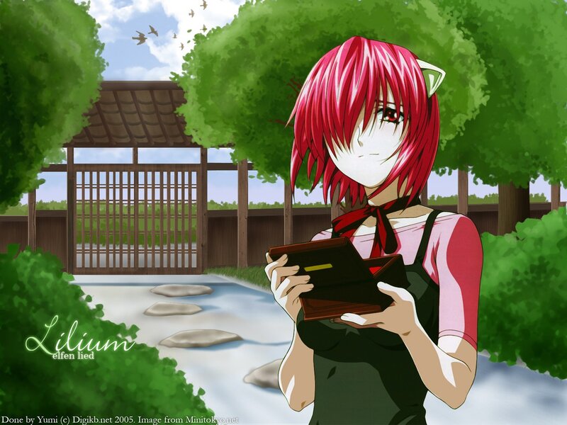 Red-haired anime girl in garden