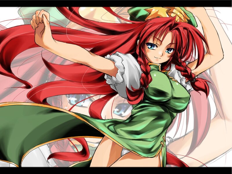red-haired anime girl in green dress