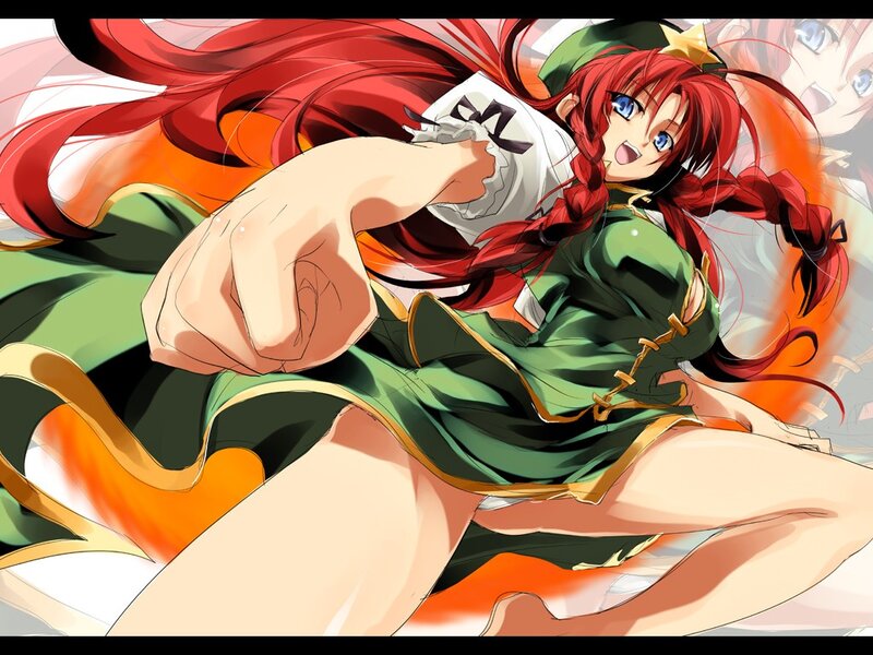 red-haired anime girl in green dress