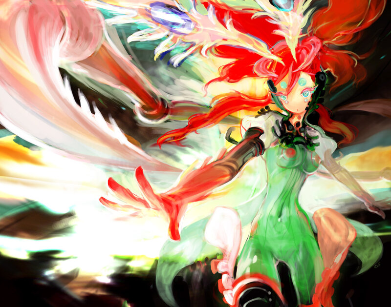 red-haired anime girl in green dress