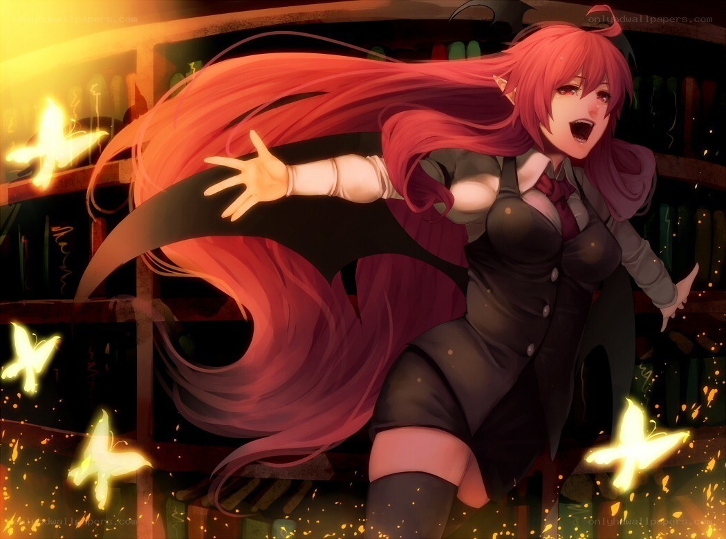 red-haired anime girl in library