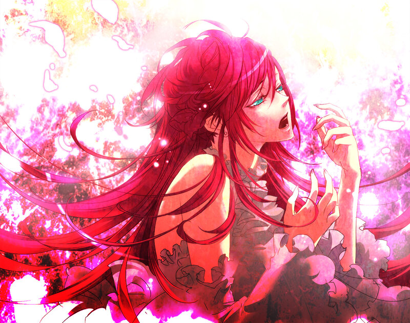 red-haired anime girl in light