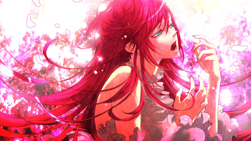 red-haired anime girl in pink light