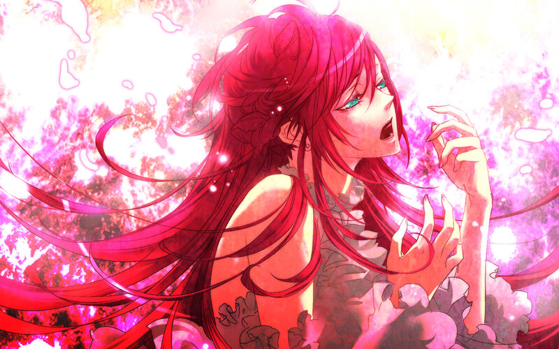 red-haired anime girl in pink light