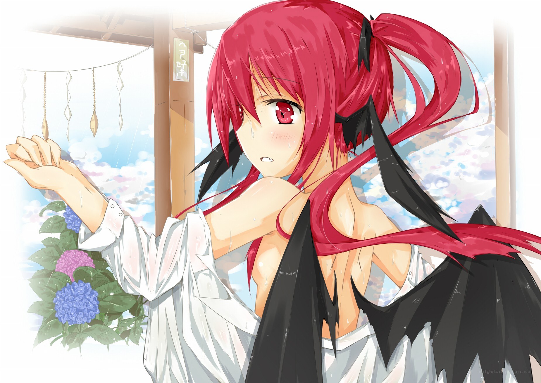 red-haired anime girl in rain