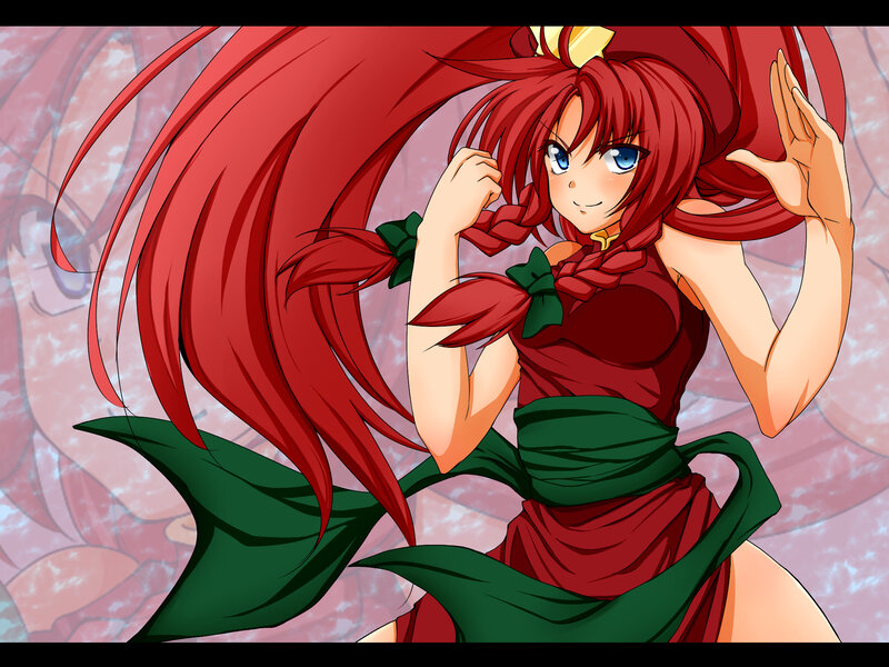 red-haired anime girl in red and green