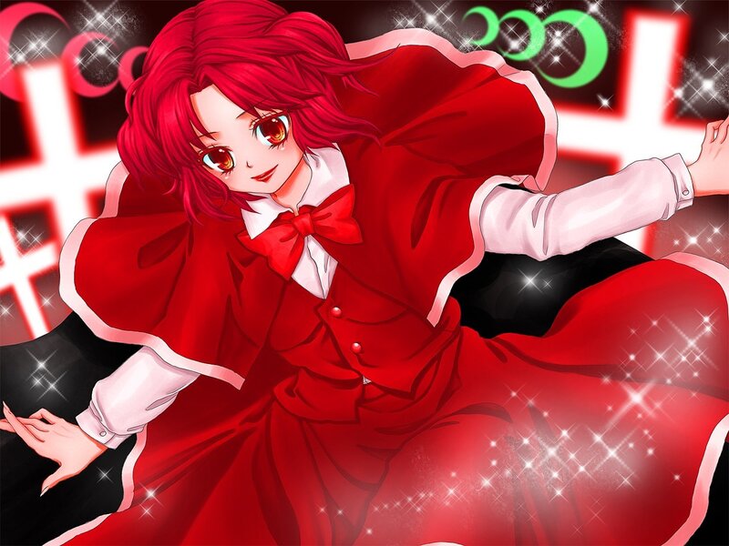red-haired anime girl in red dress