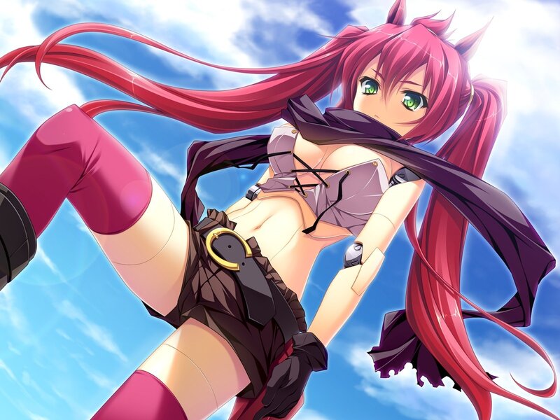 red-haired anime girl in sky