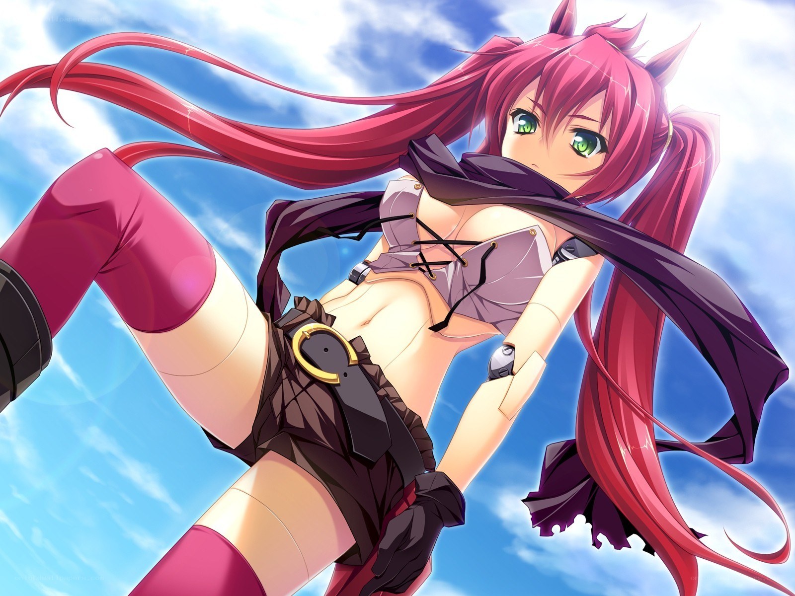 red-haired anime girl in sky