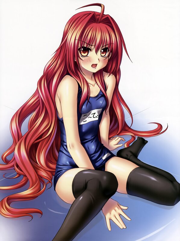 red-haired anime girl in swimsuit