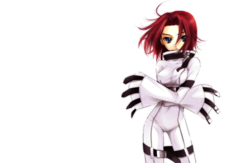 red-haired anime girl in white suit