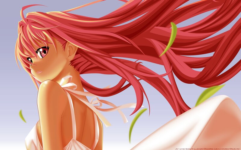 red-haired anime girl in wind