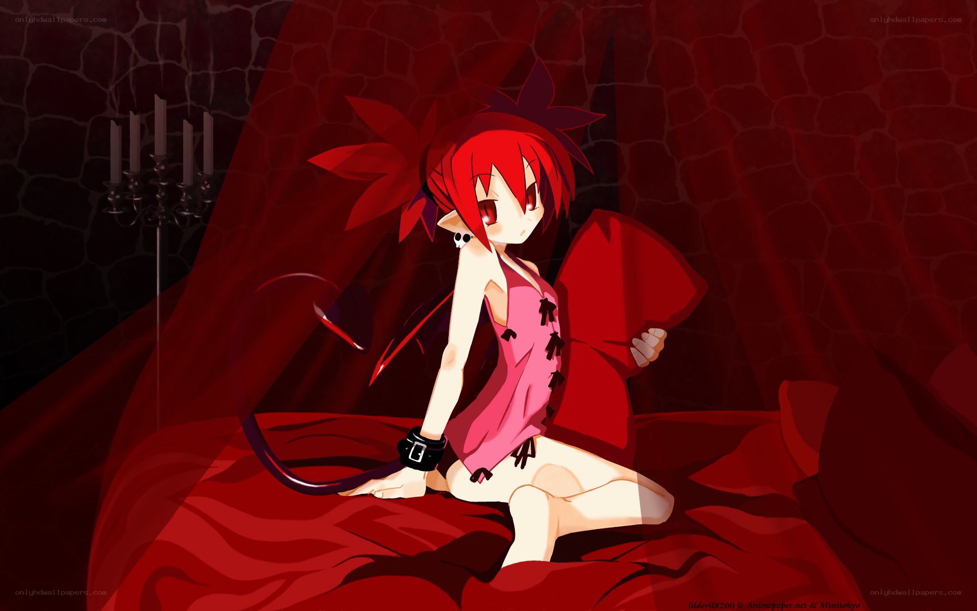 Red-haired anime girl on a bed
