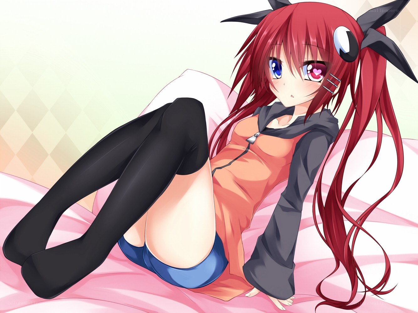 red-haired anime girl on bed