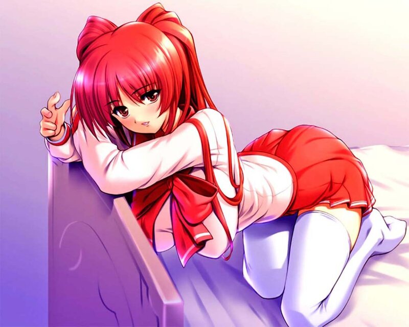 red-haired anime girl on bed