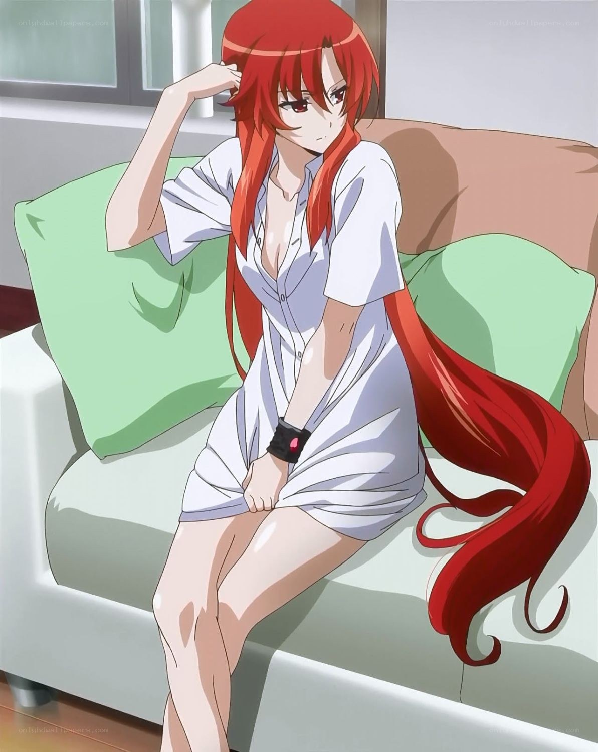 red-haired anime girl on couch