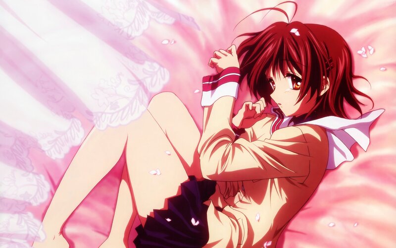 red-haired anime girl on pink bed