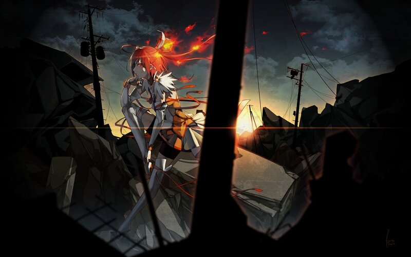 Red-haired Anime Girl — Orange, Dramatic, Sunset, Digital Art, Debris