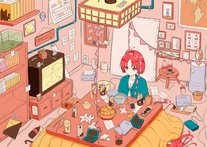 Red-haired Anime Girl — Pink, Cluttered