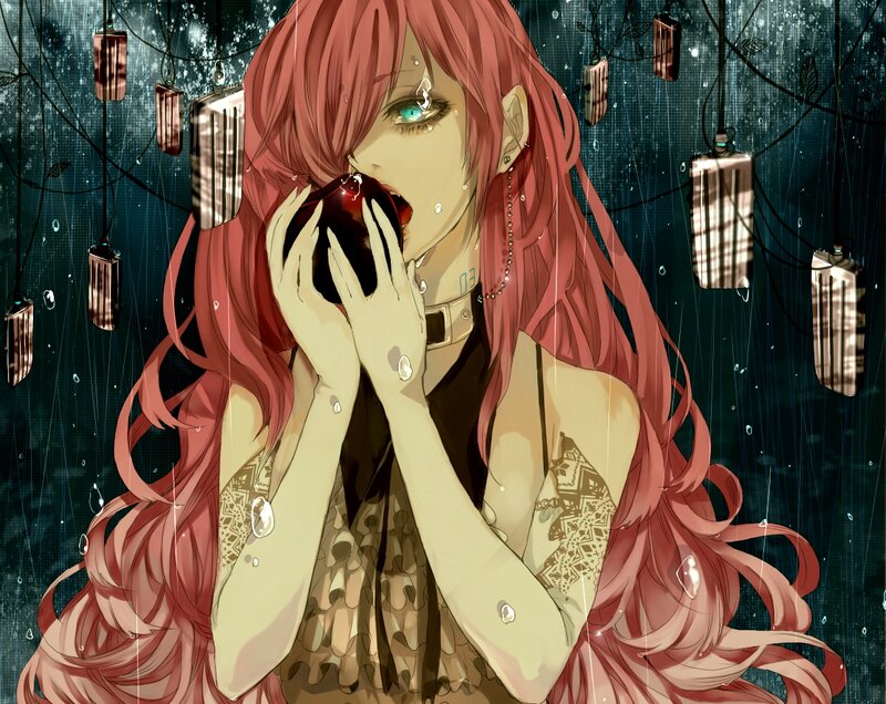 Red-haired Anime Girl — Pink, Dramatic, Night, Apple