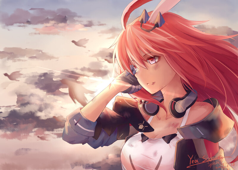 Red-haired Anime Girl — Pink, Dramatic, Sunset