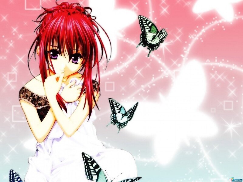 Red-haired Anime Girl — Pink, Dreamy, Butterflies, Sparkles