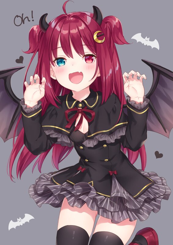 Red-haired Anime Girl — Pink, Playful, Bat Wings, Horns