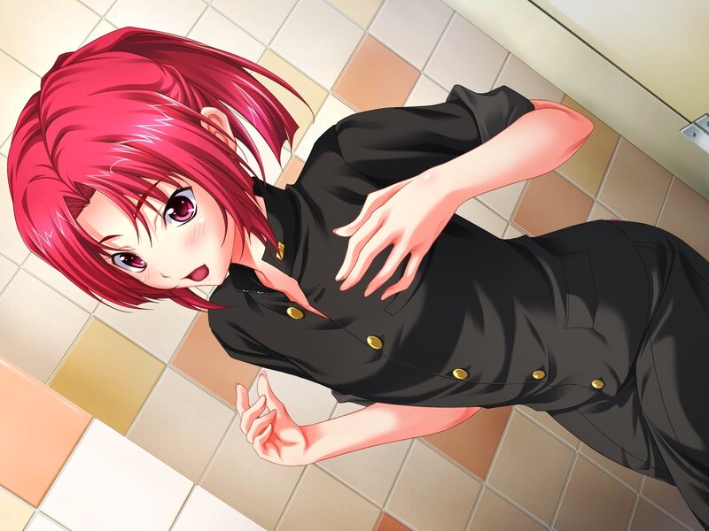Red-haired Anime Girl — Pink, Playful, Tiled Floor, Black Uniform