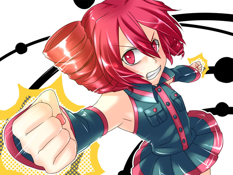 red-haired anime girl punching