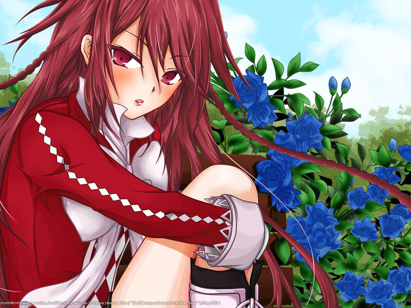 Red-haired Anime Girl — Red, Calm, Afternoon, Blue Roses