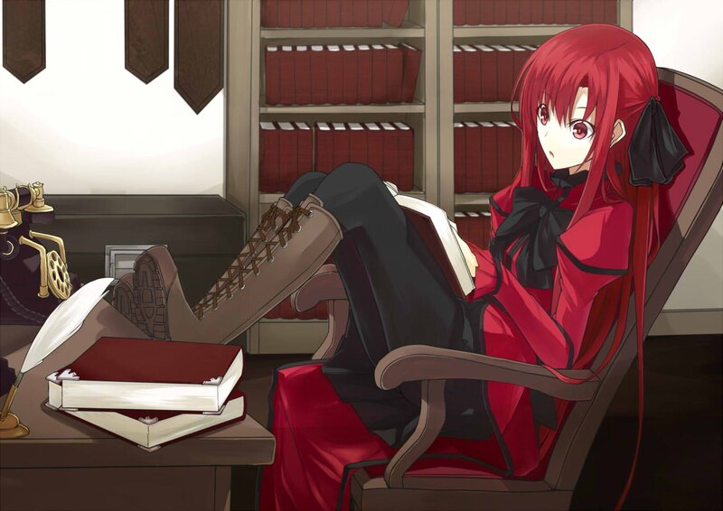 Red-haired Anime Girl — Red, Calm, Bookshelf