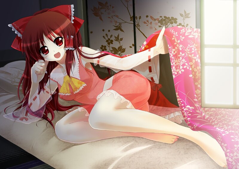 Red-haired Anime Girl — Red, Calm, Morning, Bed, Window, Kimono