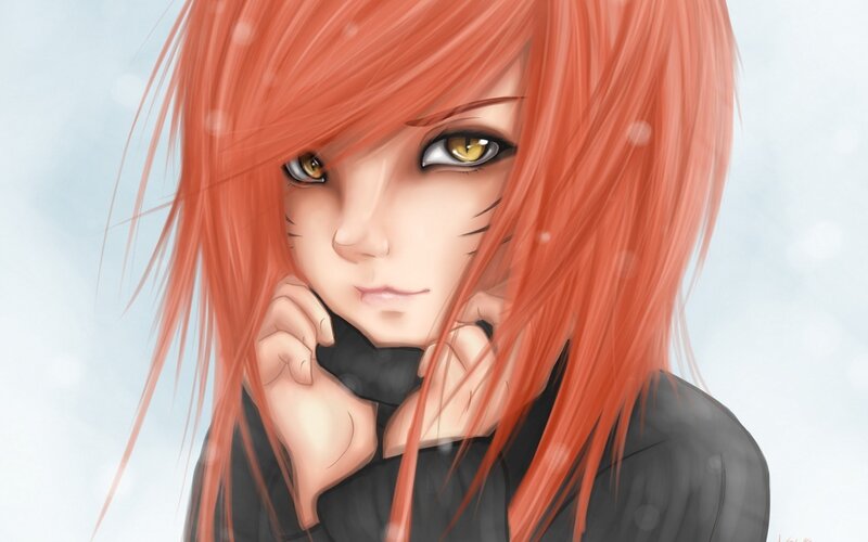 Red-haired Anime Girl — Red, Calm, Winter, Digital Art