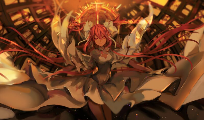 Red-haired Anime Girl — Red, Dramatic, Digital Art, Long Hair, White Wings