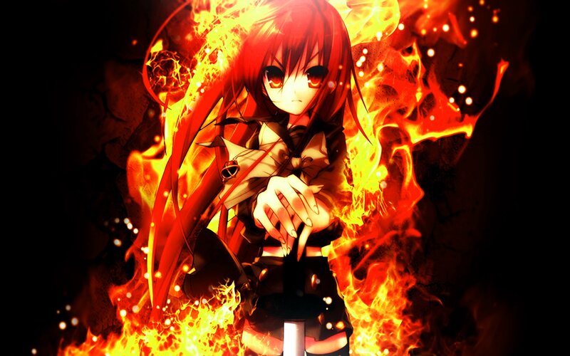 Red-haired Anime Girl — Red, Dramatic, Fire, Flames, School Uniform