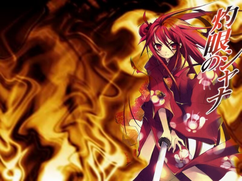 Red-haired Anime Girl — Red, Dramatic, Fire, Sword, Kimono