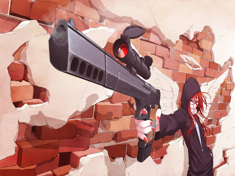 Red-haired Anime Girl — Red, Dramatic, Gun, Brick Wall