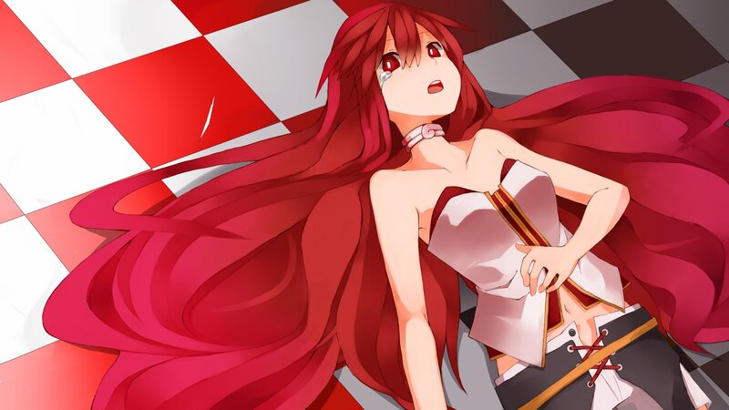 Red-haired Anime Girl — Red, Dramatic, Long Hair, Checkered Floor