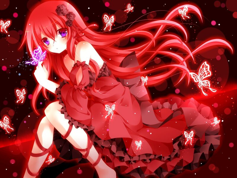 Red-haired Anime Girl — Red, Dramatic, Night, Butterflies