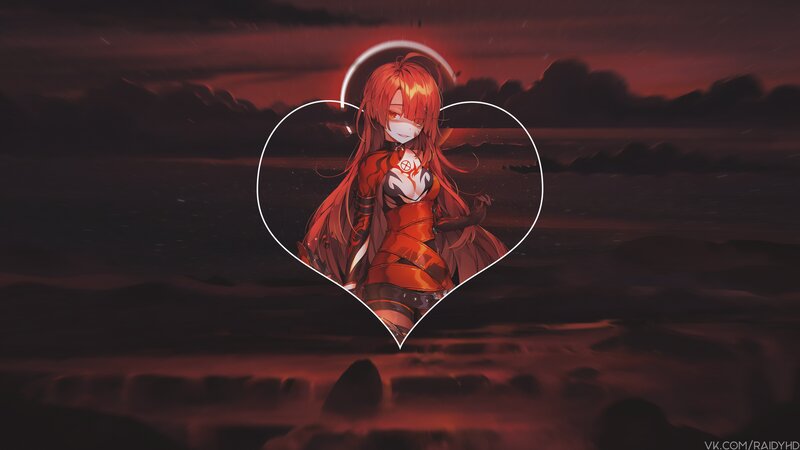 Red-haired Anime Girl — Red, Dramatic, Night, Digital Art, Heart Frame