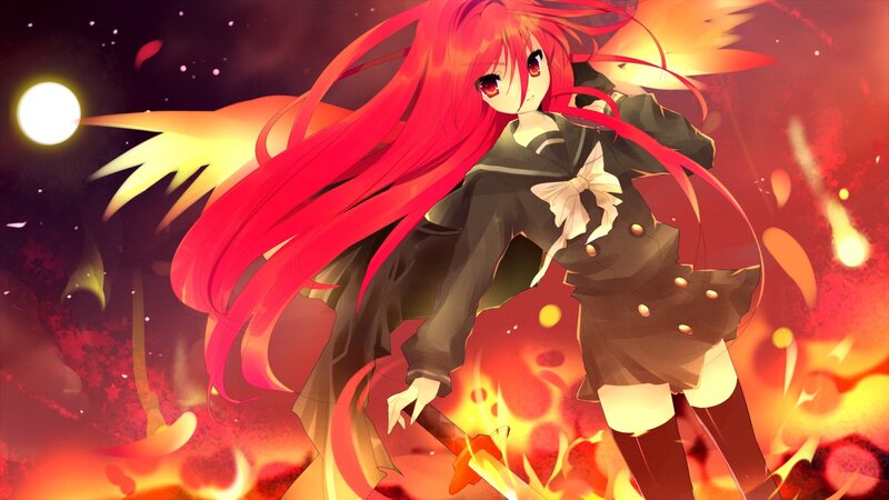 Red-haired Anime Girl — Red, Dramatic, Night, Fire