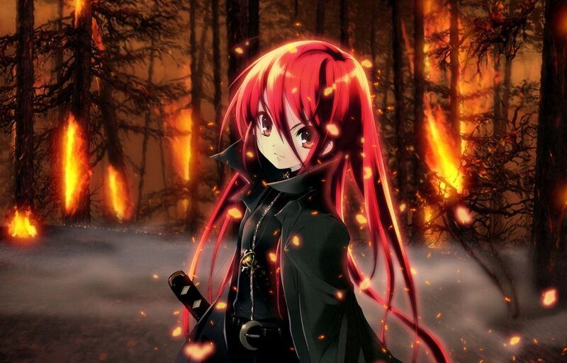 Red-haired Anime Girl — Red, Dramatic, Night, Forest Fire, Sword, Coat