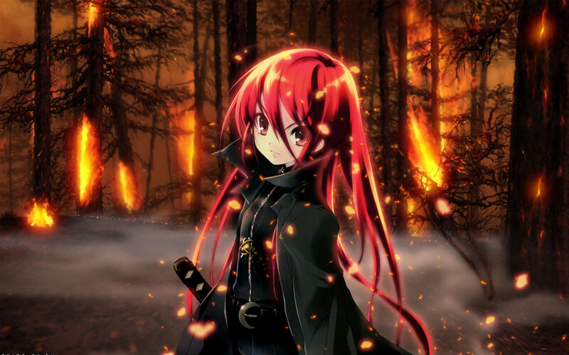 Red-haired Anime Girl — Red, Dramatic, Night, Forest Fire, Sword, Flames