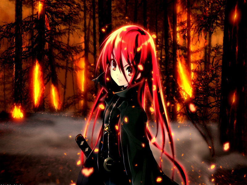 Red-haired Anime Girl — Red, Dramatic, Night, Forest Fire, Sword, Smoke