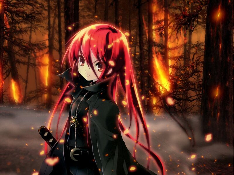 Red-haired Anime Girl — Red, Dramatic, Night, Forest Fire, Sword, Sparkles