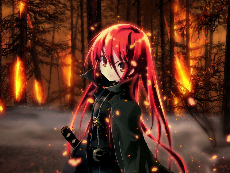 Red-haired Anime Girl — Red, Dramatic, Night, Forest Fire, Sword