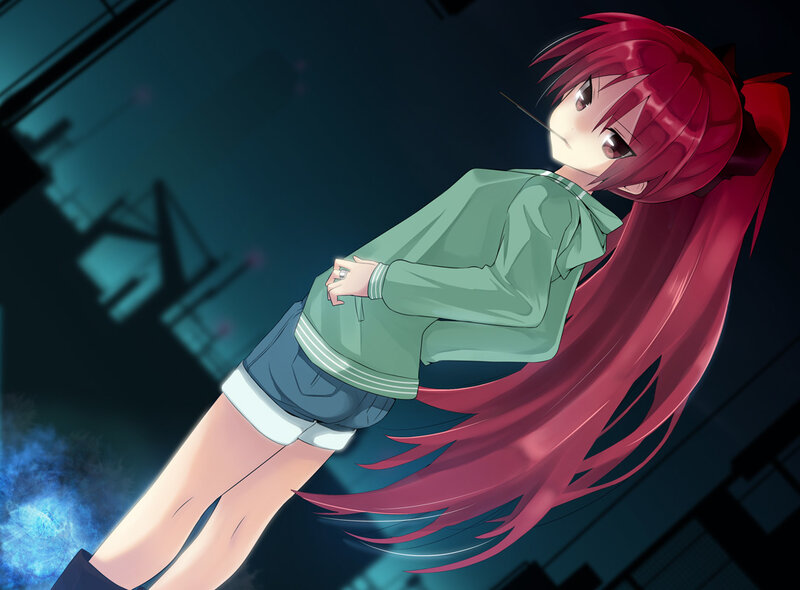 Red-haired Anime Girl — Red, Dramatic, Night, Long Hair, Sweatshirt