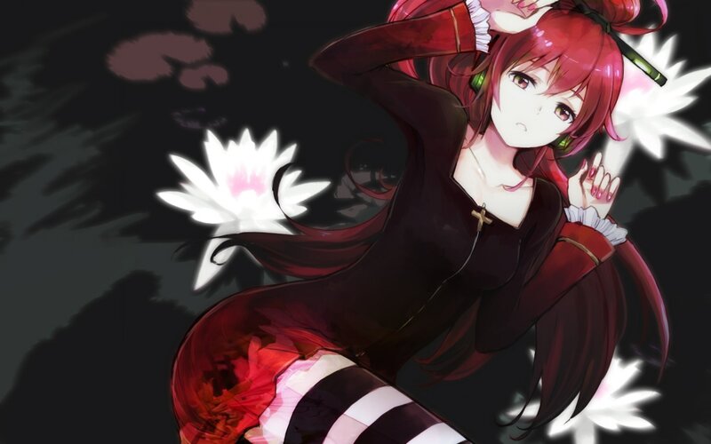 Red-haired Anime Girl — Red, Dramatic, Night, Lotus Flower